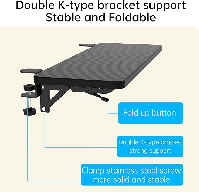 Sisyphy Ergonomics Desk Extender Tray, 25.2x9.5" Punch-Free Clamp on, Foldable Keyboard Drawer Tray, Table Mount Arm Wrist Rest Shelf, Computer Elbow Arm Support