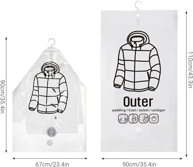 6PCS Vacuum Bags for Clothes, Thick Transparent Hanging Vacuum Storage Bags with Hangers for Suits, Dress, Jackets