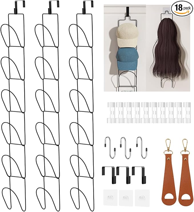 18 Pack Over The Door Hat Organizer for baseball caps | Multi-Functional Baseball Hat Rack for Closet | Wall Mounted Hat s torage organizer | 5 types of accessories cap holder stand w hooks ,Black