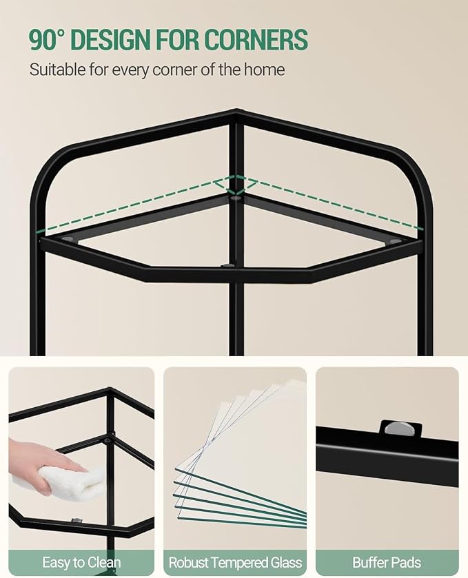Hzuaneri Corner Shelf Stand, 6-Tier Glass Bookshelf Bookcase, Bathroom Organizer, Plant Stand, Steel Frame, Tempered Glass, Modern Style for Living Room, Bathroom, Kitchen, Black CS90600B
