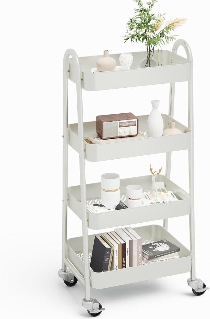 NEWBULIG 4-Tier Metal Rolling Storage Cart, Heavy Duty Mobile Utility Organizer Shelf with Lockable Wheels, Multifunctional Trolley for Daily Supplies, Home Indoor Daily Use, White