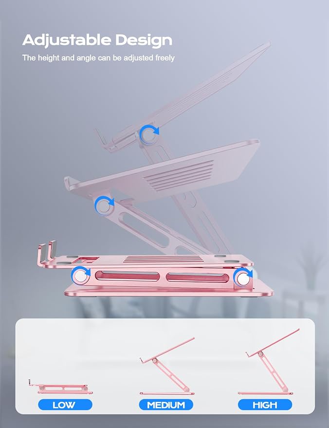 LOXP Aluminum Laptop Stand, Adjustable Laptop Stand for Desk Foldable | Portable Laptop Riser, Ergonomic Computer Notebook Holder for Desk, Office Desk Accessories (10-15.6'') - Pink