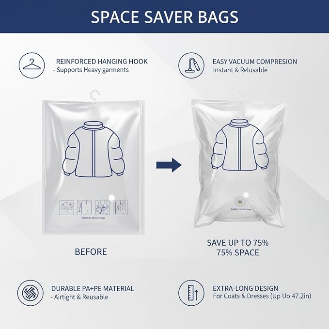 Hanging Vacuum Storage Bags for Clothes, Space Saver Compression Bags for Closet Organization, Reusable PA+PE Material (1 Pack)