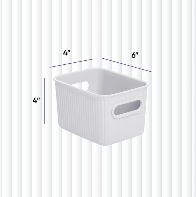 Superio Ribbed Collection - Decorative Plastic Basket Open Home Storage Bins Organizer, Small White (6 Pack) Container Boxes for Organizing Closet Storage Bins for Shelves Drawer Shelf 1.5 Liter