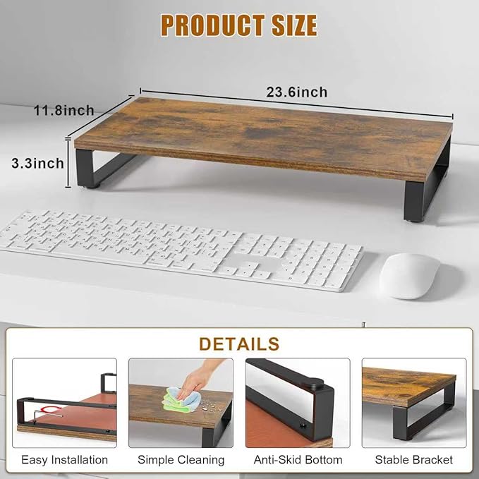 XINYAO Wood Monitor Stand Riser for Desk, 24x12x3 inch, Rustic Brown | Sturdy wooden & steel computer monitor riser; ergonomic height reduces neck strain; Organizer for Office Laptop, PC, Printer