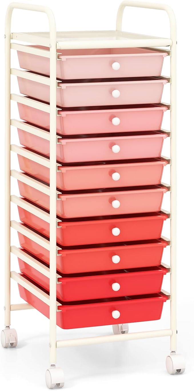 DREAMADE Rolling Cart with Storage Drawers, Utility Cart with Removable Plastic Drawers, Lockable Wheels, Art Cart for Classroom Organization Art Supplies Office Scrapbook (10 Drawers, Mixed-pink)