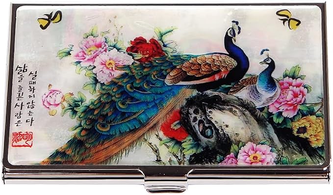 Mother of Pearl Business Card Case Credit Id Name Holder Travel Wallet Art Painting Design Metal Stainless Steel Engraved Slim Purse Pocket Cash Money Wallet (Peacock)