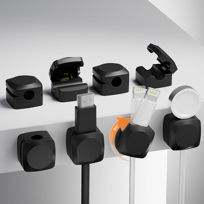 Lancord 8 Pack Cord Organizer Holder, Rotatable Cable Clips, Spring Cord Holder for Nightstand Adhesive Cable Organizer, Cable Management Clips Charging Cord Organizer (Black, Square)