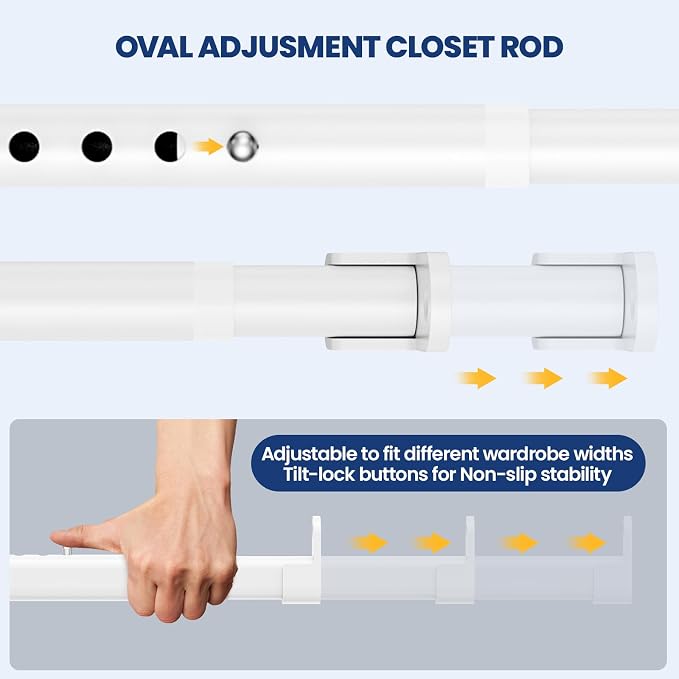 Mavivegue Oval Closet Rod, Adjustable Closet Rods – Expandable 17-40 Inches | Closet Rods for Hanging Clothes, Heavy Duty Closet Rods for Laundry Room, RV, Closet Storage (White)
