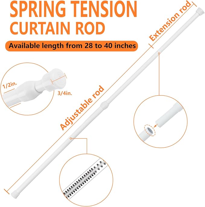 KXLife Spring Tension Curtain Rod for Window Adjustable 28-40", 6Pcs | White, No Drilling, Expandable Spring Loaded, Drapery Rod for Home Decor, Window, Doorway