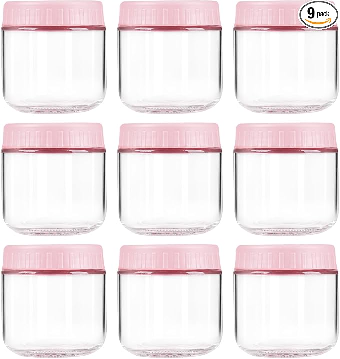 Overnight Oats Containers with Lids, 10oz Wide Mouth Mason Jars with Lids, 9 Pack Glass Jars with Airtight lid for Chia Pudding Yogurt Salad, Meal Prer Oatmeal Jars, Pink