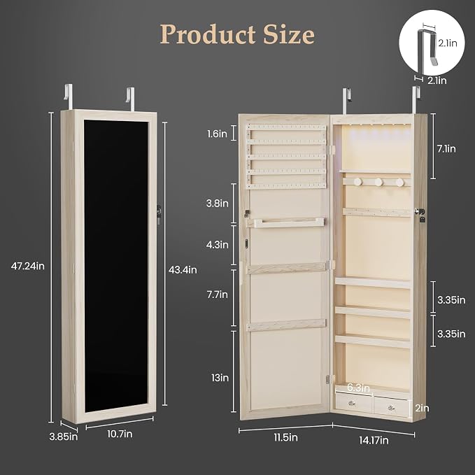 DUMOS Jewelry Armoire Cabinet with Full Length Mirror, 47.2" Tall Wall Mounted or Over the Door Jewelry Organizer with 33 Necklace Hooks, Lockable Large Capacity with Drawers, Khaki