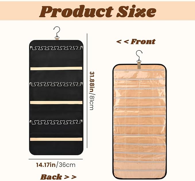 Hanging Jewelry Organizer Storage Roll with 48pcs Pocket Double Sided Rotating Hanger Necklace Hanging Wall Organizer with Hanger Hooks(COLOR:Black)