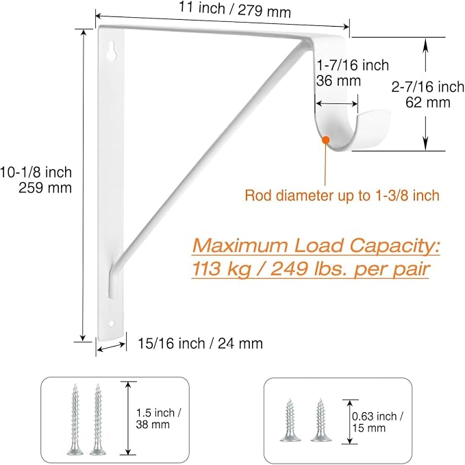 4 Pack Heavy Duty Closet Shelf & Rod Brackets, Wall Mounted Closet Shelf Brackets, 11 x 10.2 Inch Closet Shelf Brackets with Rod Support, White