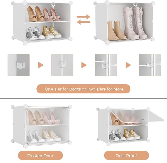 Shoe Rack 10 Tier Shoe Storage Cabinet with Door 20 Pair Tall Shoes Rack Organizer Free Standing Expandable Stable Plastic Easy Assembly Shoes Shelf for Closet Hallway Entryway Bedroom White