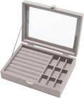 Small Velvet Jewelry Tray with Clear Lid, Lockable Ring Earring Holder Organizer Storage Box Case Jewelry Box Organizer for Rings Earrings Bracelets Brooches, 2-in-1 Gray