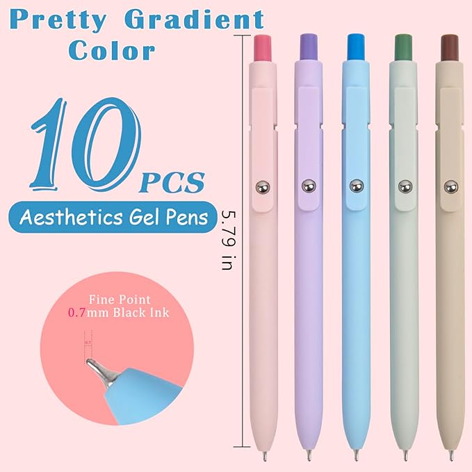 Gel Pens School Office Supplies - 10 Pcs 0.5mm Cute Black Ink Ballpoint, Macaron Colored Fine Point Pen, Desk Accessories for Women College Teacher, Pastel Smooth Writing Pen for Journaling Gifts