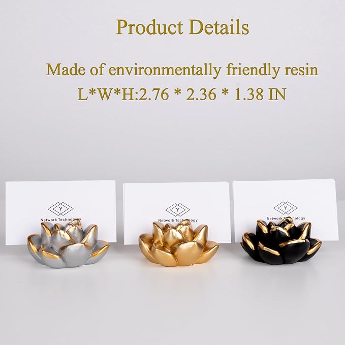 Resin Succulent Business Card Holder - Gold, Silver, Black Set of 3 - Modern Desk Organizer and Card Display Stand for Office & Home - Vertical Name Card Holders - Handmade Unique Gift & Desk Decor