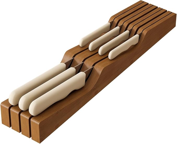 In-Drawer Knife Block Organizer - Bamboo Wood Drawer Knife Organizer-Protecting Knife Organizer Block (Not Included) (Brown, 7 Knives Dock)