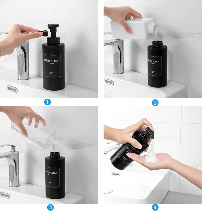 Foaming Soap Dispenser, 17 OZ Refillable Pump Bottle, 2 Pack, Black | Pump Bottle for Liquid Soap, Shampoo & Body Wash – PETG Material, Reusable, Refillable, Bathroom & Kitchen Ready
