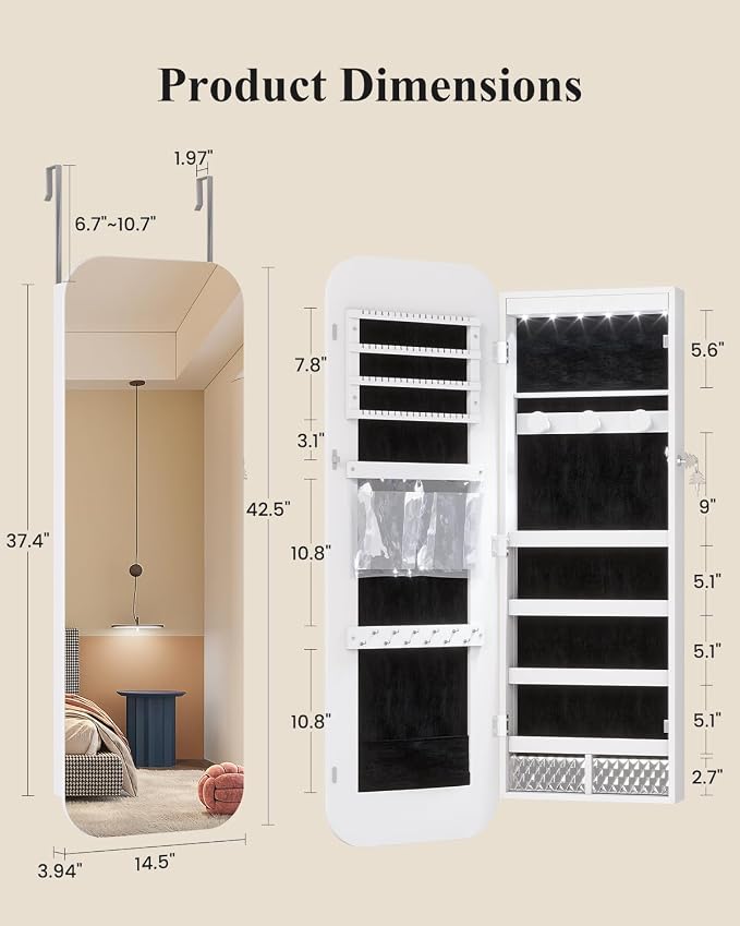 LVSOMT 6 LEDs Mirror Jewelry Cabinet Door Hanging, 42.5", Lockable, White | Jewelry Organizer with Full Length Mirror, Wall Mounted Large Jewelry Storage for Earrings, Rings, Necklaces