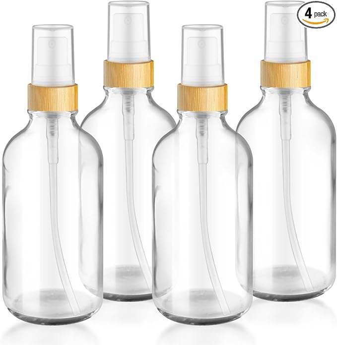 4-Pack 4 Oz Glass Spray Bottle with Bamboo Lid,Empty Refillable Fine Mist Atomizer,Leak-Proof Travel Liquid Holder Container for Cologne,Essential Oils,Room Sprays,Cleaning Solutions (Clear)