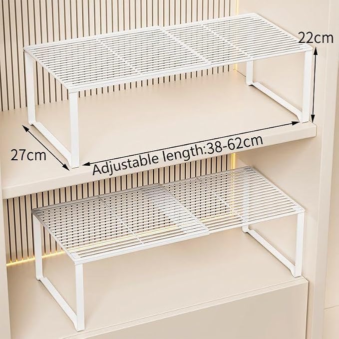 Extendable Metal Wire Shelf Organizer - Adjustable 15-24.4in Length, Stackable Storage Rack for Kitchen/Pantry/Bathroom/Shoe Cabinet/Tool Closet (4, White)