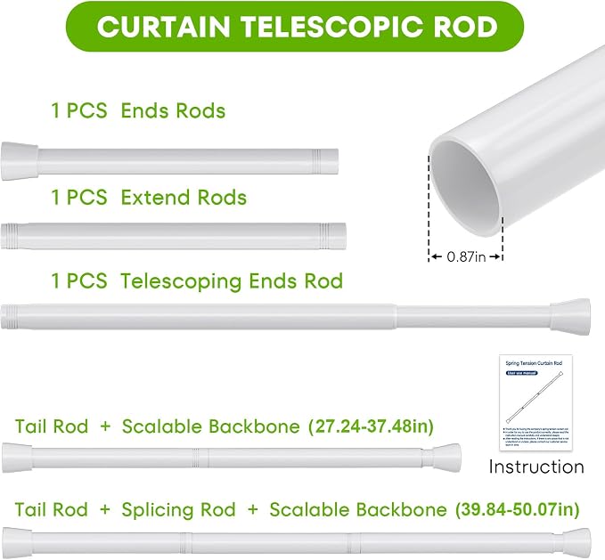 Tension Rods for Windows 28 to 48 Inch Curtain Rods No Drilling White Tension Curtain Rod TSmall Shower Spring Rods Adjustable Curtain Rod Short Shower Tension for Closet, Doorway