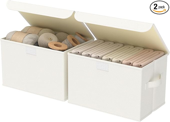 Foldable Storage Bin, Organizer Basket, 2 Pack, Beige, 13x9x7.9 In | Decorative Boxes with Flip-Top Lid and 2 Handles, Foldable Clothes Container for Shelves with Cover for Towels and Blanket