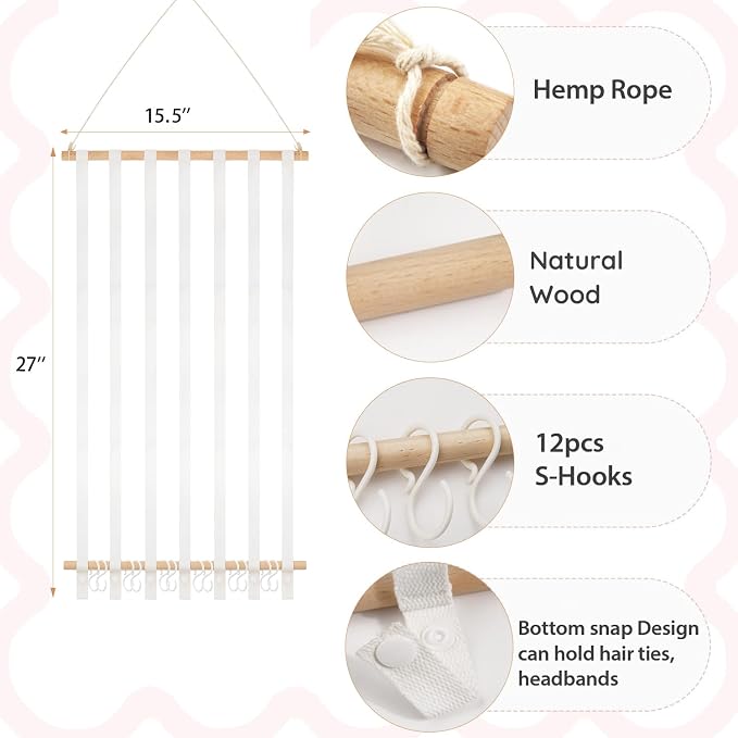 kangaroo Bows Holder Headband Organizer for Baby Girls Nursery Decor | Large Capacity | Wall Hanging-15"L x 27"H | Easy to Grab | Nursery Essentials | Baby's bows&headbanfs Organizer