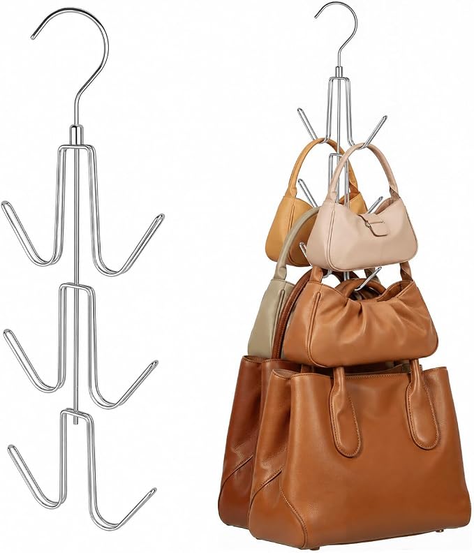ZEDODIER 4 Pack Purse Organizer for Closet, Heavy-Duty Hanging Purse Hanger Closet Holds Up to 24 Purses, Metal Rotating Space Saving Bag Holder Handbag Storage Hook Backpack Rack, Silver