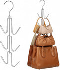 ZEDODIER 4 Pack Purse Organizer for Closet, Heavy-Duty Hanging Purse Hanger Closet Holds Up to 24 Purses, Metal Rotating Space Saving Bag Holder Handbag Storage Hook Backpack Rack, Silver