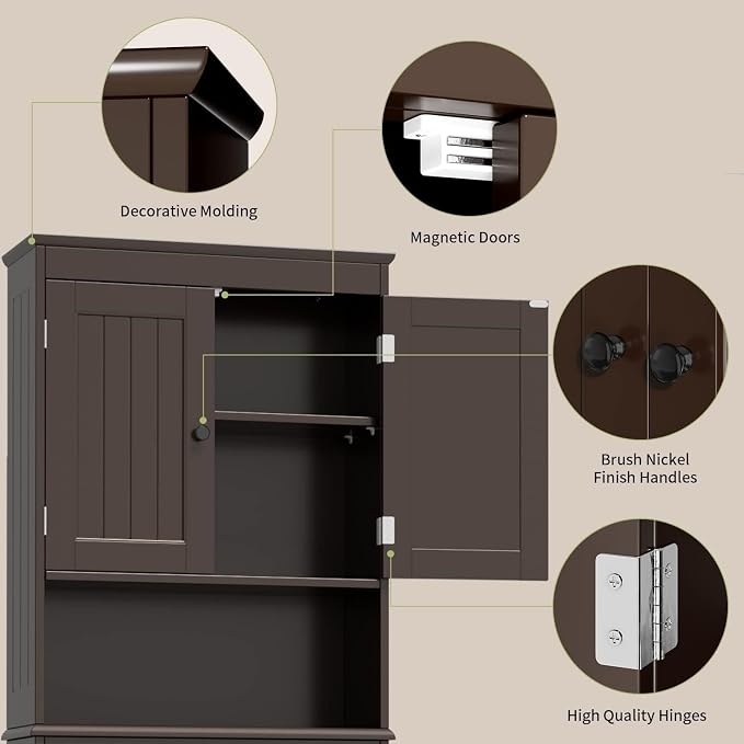 Gizoon Over the Toilet Storage Cabinet with Adjustable Shelf and Double Doors, Bathroom Space Saver Organizer Above Toilet with Open Shelf, Taller Wooden Free Standing Toilet Rack -Espresso