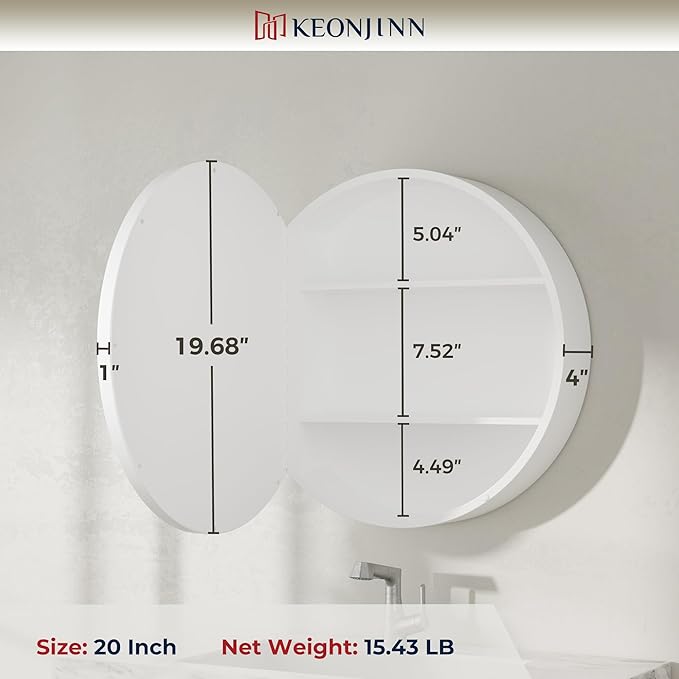 Keonjinn 20 Inch Round Medicine Cabinet with Mirror, White Surface Mount Only Mirror Medicine Cabinet, Modern Medicine Cabinets with Mirror, Metal Framed Bathroom Vanity Mirror with Storage
