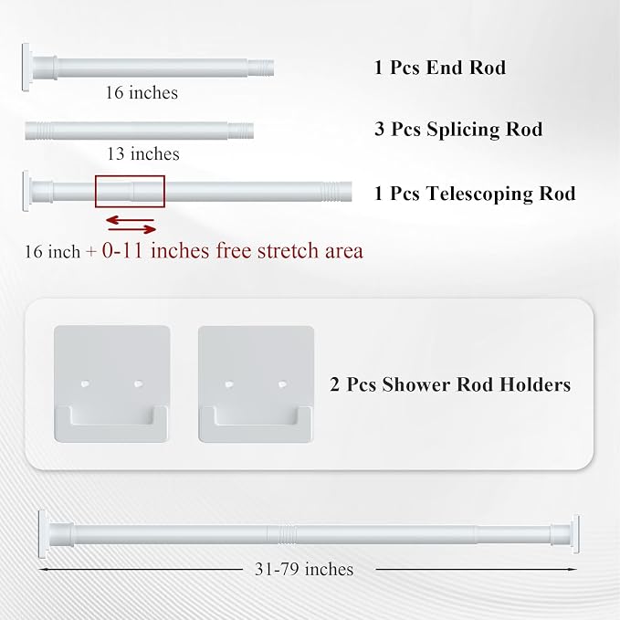 UIOSANRT White Shower Curtain Rod 31-79 inches, Stainless Steel Shower Rod & Tension Rod, Adjustable Tension Shower Curtain Rod for Bathroom, Windows, Closet