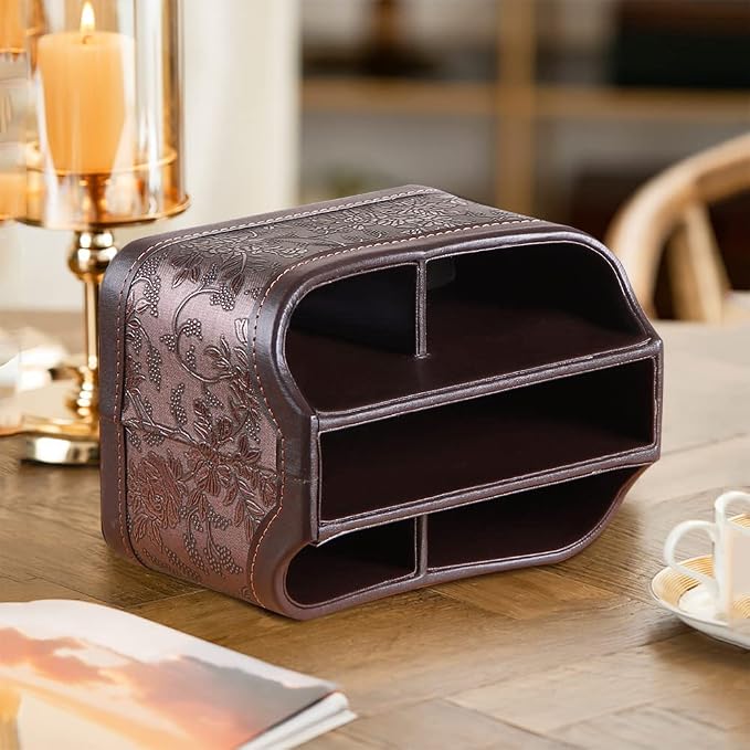 360° Rotating Remote Control Holder, PU Leather TV Remote Caddy, Pen Holder | Nightstand Organizer Storage Box with 5 Compartments for Pencil, Art Supplies, Makeup Brush, Office Desk Table Accessories
