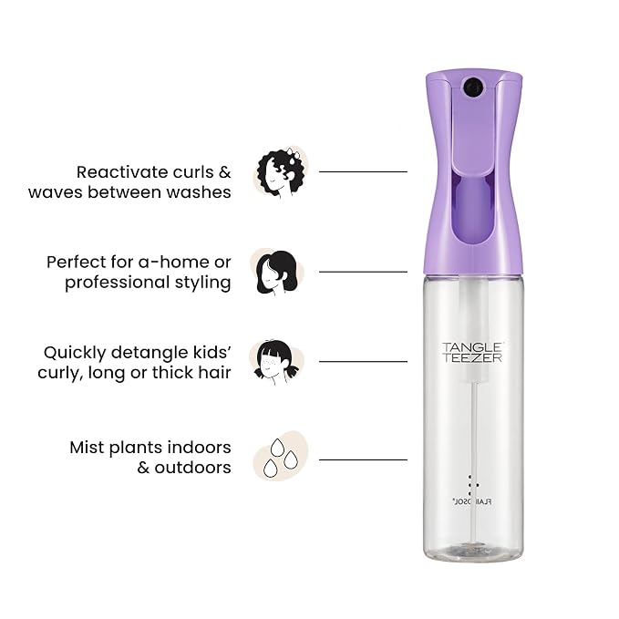 TANGLE TEEZER Fine Mist Spray Bottle, Refillable, 10.1 oz, Lilac | Reusable, refillable fine-mist continuous spray bottle; evenly distributes water or product to refresh, detangle & style hair