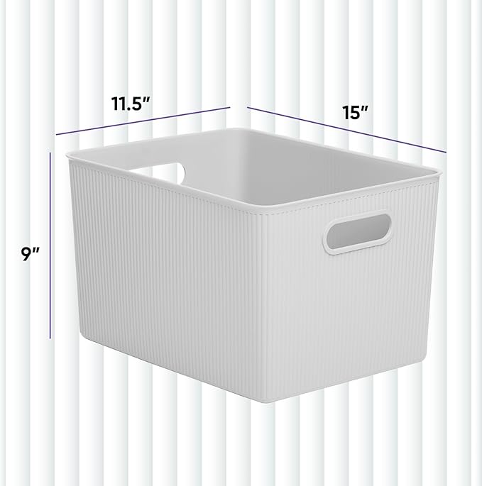 Superio Ribbed Collection - Decorative Plastic Basket Open Home Storage Bins Organizer, X-Large White Smoke (1 Pack) Container Boxes for Organizing Closet Storage Bins for Shelves 22 Liter/23 Quart