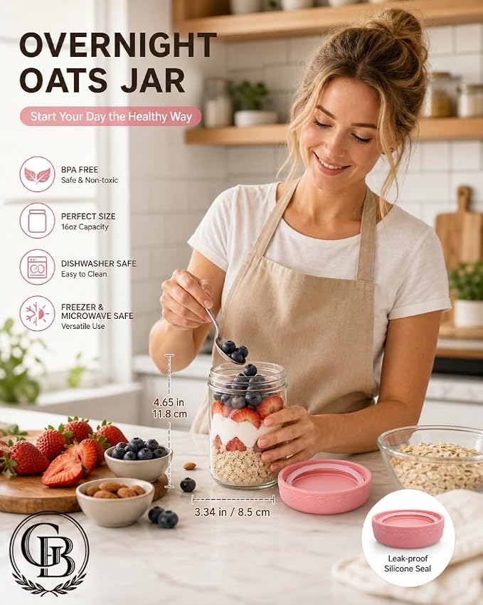 16 oz 4-Pack Overnight Oats Containers with Lids | Glass jars with Airtight Lids, Wide mouth Mason jars, Leakproof and Reusable Food Storage Jars (4-2)