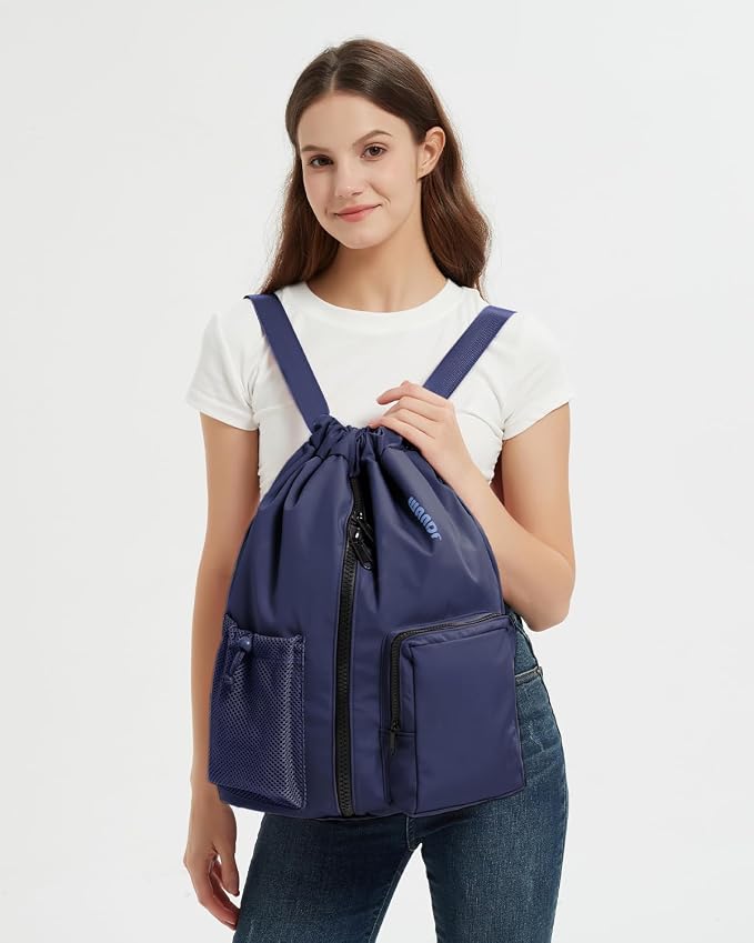 WANDF Drawstring Backpack with Shoe Compartment, Sports Gym Bag | Multi-Pocket Storage, Water-Resistant Fabric, Cinch String Bag
