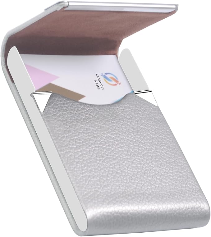 Business Card Holder with Ultra Slim Design,Business Card Case with Premium PU Leather, Suit Pocket Metal Card Holder for Women/Men,Professional Name Card Holder with Magnetic Shut (Silver)