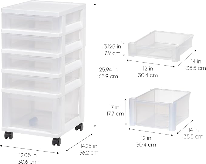 IRIS USA 5-Drawer Rolling Storage Cart with Organizer Top, White/Clear | Keep craft supplies, office essentials, classroom items, and accessories organized with easy-access drawers for daily use