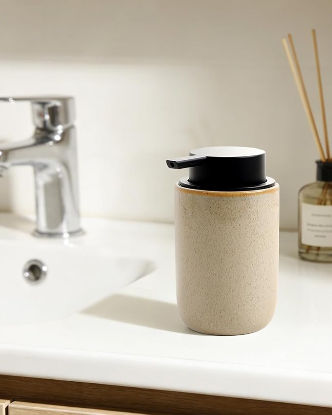 BosilunLife Lotion Pump Dispenser for Bathroom, Kitchen, Countertop | Hand Soap Dispenser Bathroom Ceramic Dish Liquid Soap Dispenser (Greige with Speckle, Liquid Pump)