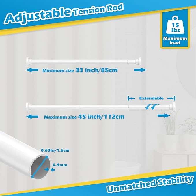 Spring Tension Rods 33 to 45 inch Adjustable Tension Curtain Rod No Drilling Expandable Small Tension Rod White Spring Loaded Curtain Rods for Windows, Doors, Doorway, Closet