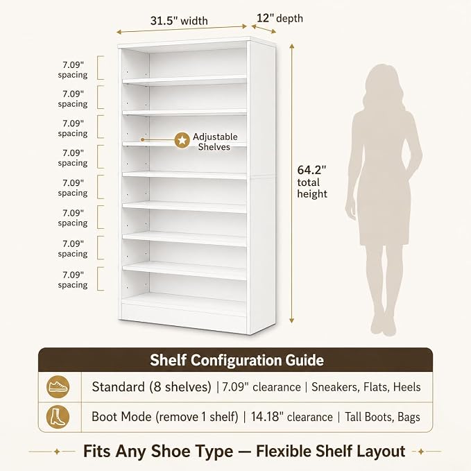 Homieasy 9-Tier Tall Shoe Rack Cabinet for Closet & Entryway, White | Wooden Narrow Shoe Organizer Cabinet with Adjustable Shelves, Freestanding, for Bedroom, Hallway