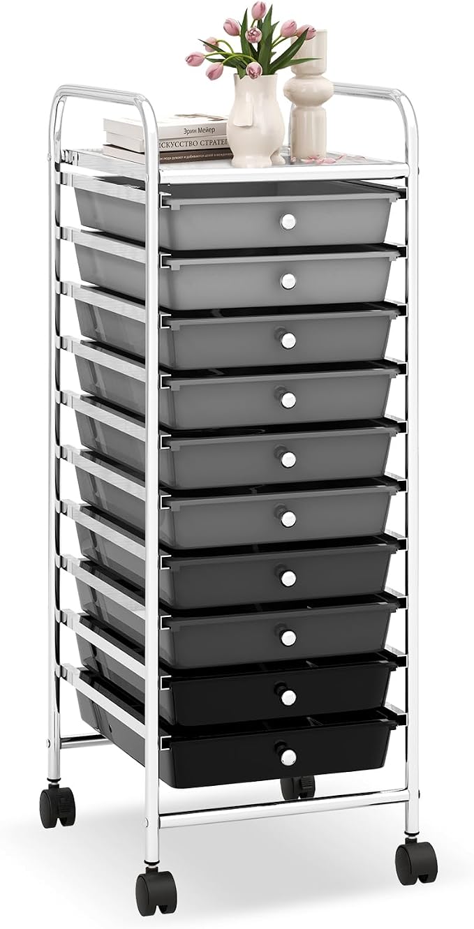 LDAILY 10-Drawer Rolling Storage Cart, Rolling Storage Cart, Storage Organizer on Wheels, Metal Frame, Scrapbook Paper Tools, Suitable for Office School, Classroom (Gradient Grey, 10 Drawer)