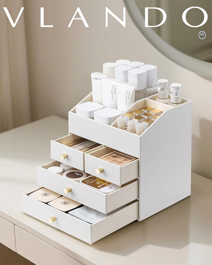VLANDO Makeup Organizer,Vanity Organizer with Drawers, PU Leather Skincare Organizer Perfume Organizer,Large Cosmetic Display Case for Lipstick,Brushes Gifts for Women, White, 4 Layer