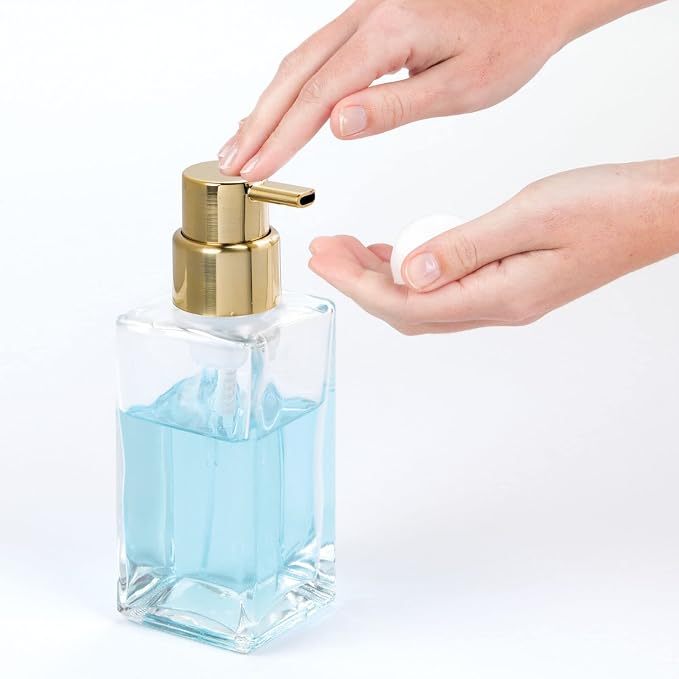 mDesign Glass Refillable Foaming Hand Soap Dispenser Modern Square Pump Bottle for Bathroom Vanities or Kitchen Sink, Countertops - 2 Pack - Clear/Soft Brass