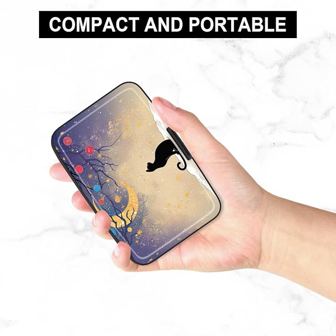 Credit Card Holder, Mini Aluminum Card Wallet RFID Blocking Slim Metal Hard Card Case for Women Men, Moonlight Cat