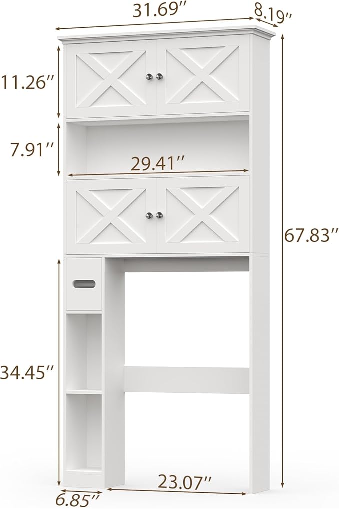 Halitaa Over The Toilet Storage Cabinet with Doors & Paper Holder, White | Halitaa Farmhouse Toilet Shelf Home Space Saver with 4 Barn Doors & Toilet Paper Holder Stand for Restroom, Bathroom, Laundry